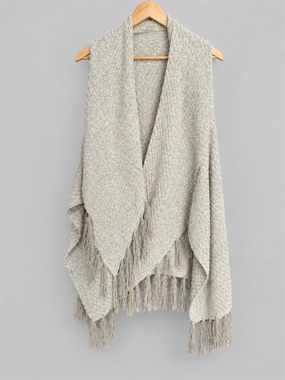 Cozy Fringe Open-Front Sweater Vest - Oatmeal